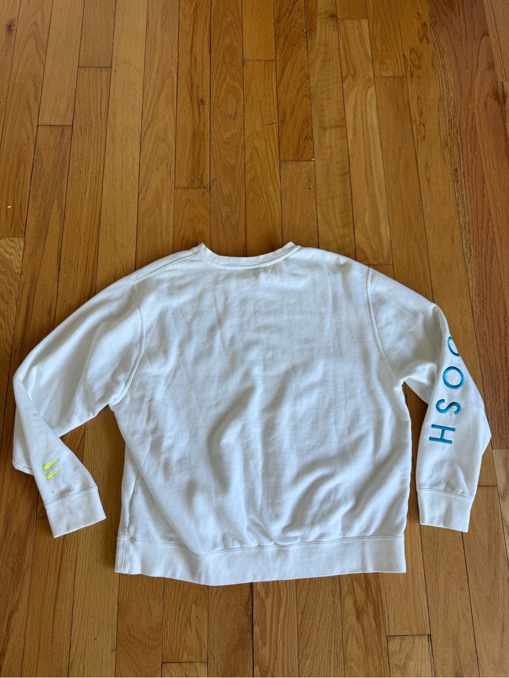 White Crewneck Sweatshirt with Blue Sleeve Text - Nike - Picture 2 of 6